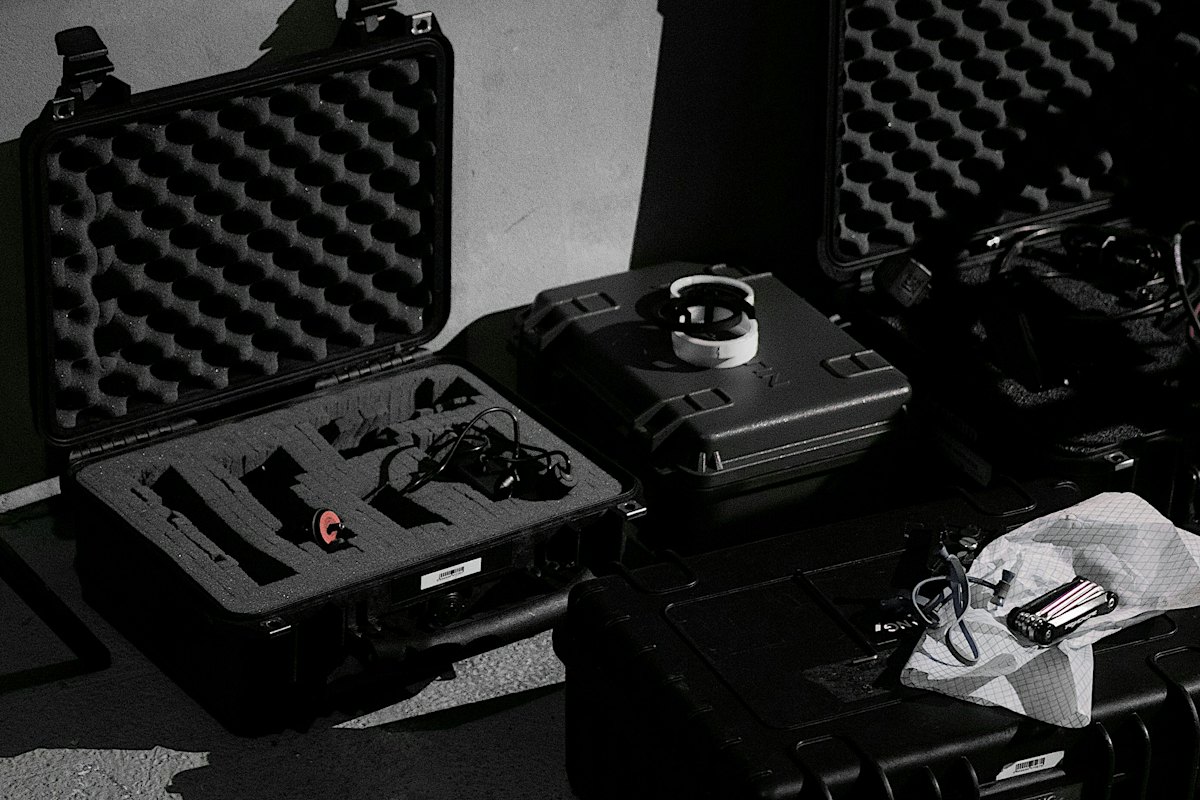 Equipment packed into flight cases